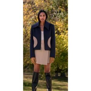 WAS HIM Navy and Camel Wool Blend Cropped Single Breast Coat - S